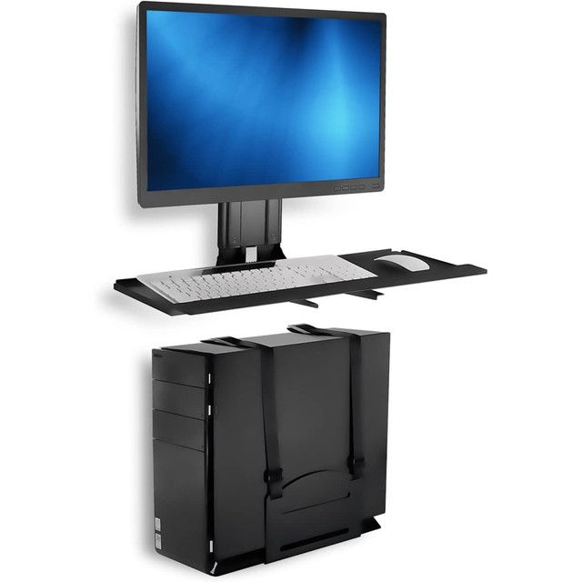 Organize your workspace with the Mount-It! Monitor And Keyboard Steel Wall Mount With CPU Holder For 32in Monitors. The mount is made of steel for durability, while the wrist and mousepad provide comfort. The integrated cable management system helps keep your workstation free of clutter.  Made of durable steel.  Tray features a wrist and mousepad for comfort.  Integrated cable management system keeps your workstation organized.  Mounts to the wall for stability.  Weight capacity tested to support 60 lb.  Backed by the manufacturer's limited lifetime warranty.