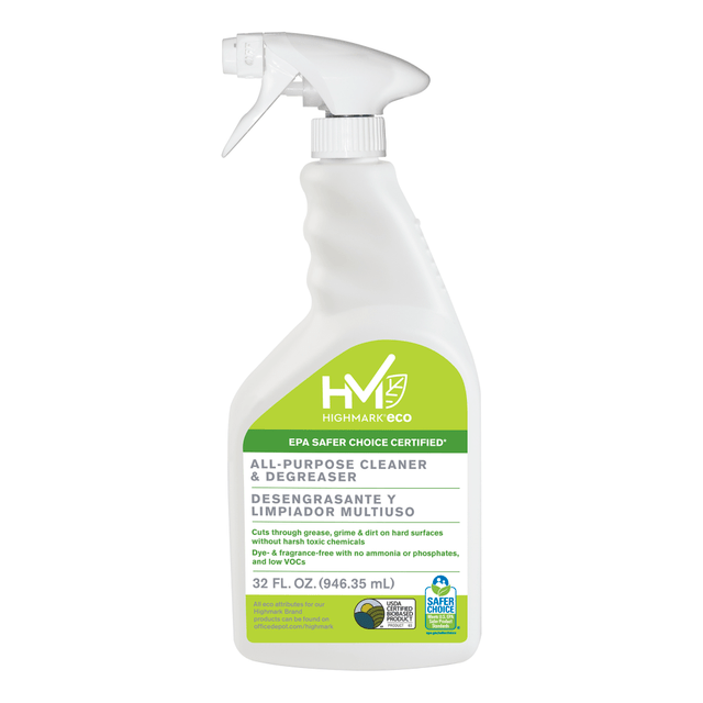 Make messes disappear with Highmark all-purpose cleaner degreaser. Each bottle contains the heavy-duty formula that makes grease vanish.  All-purpose cleaner can be used throughout your home.  Tough formula makes eliminating grease simple.  Hypoallergenic and phenol-free.  Easy-spray head for precise application.  EPA Safer Choice qualified - meets U.S. EPA safer product standards.  USDA Certified Biobased - meets federal guidelines for plant-based/bio-based materials.  Plant-based content - made using tree-free agricultural products or by-products, helping you support innovative use of plants while reducing use of forests or other resources.  Less harsh chemicals - made with fewer harsh chemicals, or safer chemicals than typical alternatives, helping  reduce your use of and exposure to substances that may be more harmful to your health and the environment.