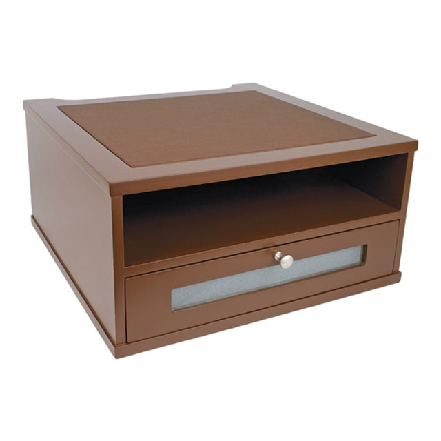 Holds a monitor while providing storage for papers, reports, books and supplies  Large drawer can be placed in either of 2 locations for flexible storage.  Rear access space allows flush positioning against the wall.  Sturdy wood construction. Features a durable, double-coated, matte brown finish.  Design elements provide a touch of class. Includes a brushed metal handle, faux leather top and a frosted glass window.  Non-slip rubber feet protect against scratches and scuffs.