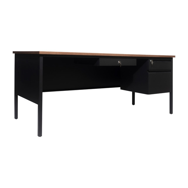 Perfect for both the office or classroom spaces, this commercial grade single pedestal desk will readily adapt to any environment.  Contemporary Commercial Grade Single Pedestal Desk with Drawers  Available in Multiple Colors  Laminate Desktop Work Surface  Integrated Modesty Panel  Steel Frame and Side Panels  Locking Drawers with Ball Bearing Slides and 2 Included Keys  300 LBS. Static Weight Capacity  Assembles in Under 30 Minutes  Wipe Clean with a Damp Cloth  This product is heavy and/or oversized and may need more than one person to handle.