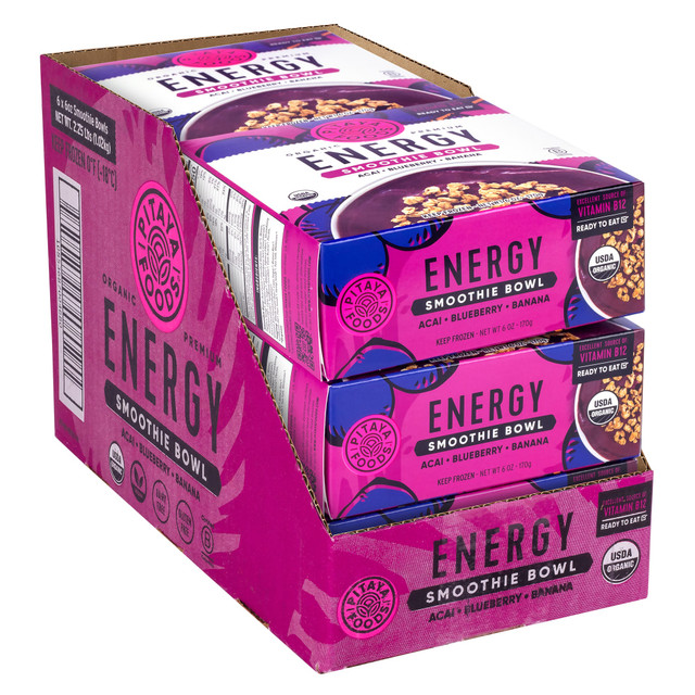 Enjoy Pitaya Foods Organic Acai, Blueberry And Banana Bowls throughout the day for a healthy snacking option. Simply remove from the freezer for an energizing boost of fruity flavors.  Made with a tasty mix of acai, banana and blueberries.  Includes vitamin B12 to keep you energized.  Keep frozen until use.