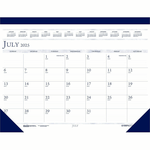 Stay ahead of your schedule with the House of Doolittle Academic Desk Pad Calendar. Designed for academic planning, this calendar spans from July 2023 to August 2024, offering a 14-month overview. Crafted with a sophisticated blue simulated leather and vinyl cover, it adds a touch of elegance to your workspace. Keep track of your academic year with ease and efficiency.  Perforated sheets allow for swift removal, ensuring efficient organization  Safeguards your desk surface from scratches and spills  Offers a 14-month overview, enabling long-range scheduling and strategic organization.  Contains Recycled Content - See Specs for Details.