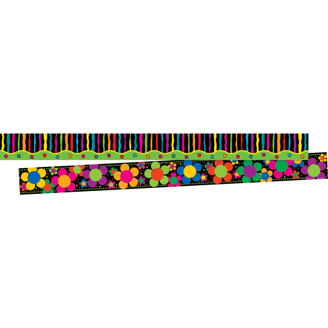 Great for classrooms, break rooms, reception areas, hallways, and more!  Set includes 24 strips that measure 3in x 35in for a total of 70ft of border!  This beautiful trim is double-sided to allow different looks for different days.  Two packages in set.  Each package includes 12 strips that measure 3in wide by 35in long  Helps you frame doors and windows or surround bulletin boards to add a decorative touch.  Border is printed on both sides  Printed on durable 10pt card stock