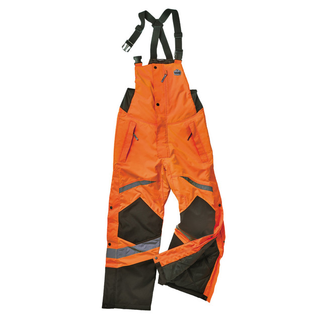 You can stay warm and visible when you pull on these insulated bibs. The polyester construction features a PU coating to offer protection against wind and water, and the 3 pockets allow simple storage.  Knee patches are scuff resistant for durability.  300D polyester oxford holds up to wear and tear.  Zippered chest pocket and 2 side pockets for storing tools.  Dark accents in high-wear areas to conceal dirt.  Boot zippers allow easy on and off.  Adjustable suspender straps with quick-release buckles to offer a great fit.  Front zipper and elastic, stretchy sides to provide a secure fit.  ANSI Class E compliant to help you remain visible.  Transparent PU coating for wind- and water-resistant protection.