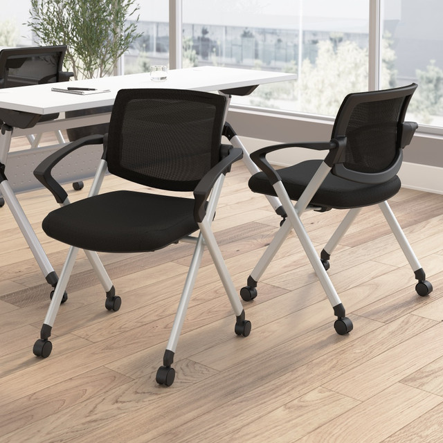 Instantly turn open space into an educational environment with the Bush Business Furniture Envision Mesh Back Folding Chairs with Arms - Set of 2. Folding chairs are designed to be stacked in rows for convenient storage when not in use. Simple, durable design is perfect for an office, conference center, training room, school or place of worship.  Cushioned seat with lightweight black mesh upholstery offers long-lasting comfort with modern style.  Folding chairs are designed to be stacked in rows for convenient storage when not in use.  Simple, durable design is perfect for an office, conference center, training room, school or place of worship.  Dual-wheeled casters allow the office chair set to be set up and rearranged at a moments notice.  Steel frame provides structural strength with a weight capacity of 275 lbs., while the cushioned seat measures 18W x 18D.  Armrests are ergonomically contoured and finished with durable polypropylene.  Breathable nylon mesh backrest is great for staying cool in warmer environments.  Bush Business Furnitures commitment to safety includes rigorous testing that meets or exceeds ANSI/BIFMA 5.5 commercial test standards.  Backed by a 5 Year Manufacturers Warranty