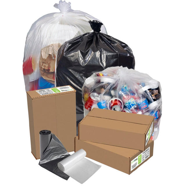 Dispose of trash in the Pitt Plastics PCR High Density EcoStrong Plus Trash Bags. These trash bags are made of high-density polyethylene for durability, and they have star bottoms for heavy load support.  Made of durable high-density polyethylene.  Star bottoms provide support for heavy loads.