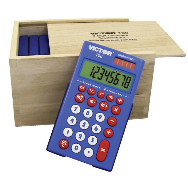 The extra-large displays are perfect for young students  Reinforces childrens basic math skills. Perfect for independent math practice.  Easy-to-use, uncomplicated format makes this set great for school and home use.  Students can start with basic math operations and move up to advanced concepts.  Basic functions, as well as change sign, square root, and percent function keys.  Protective plastic sliding cases. Helps ensure your calculators lasts a long time.  Runs on solar and battery power. Batteries are included.  Kit includes a wooden caddy and downloadable & printable educational materials.