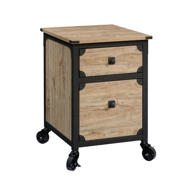 Give your office with the storage it needs to run productively. This Sauder Steel River file cabinet has a storage drawer for extra pens and note pads as well as a file drawer that accepts hanging letter-size files. Full-extension slides make it easy to reach paperwork toward the back, and casters allow you to position this file cabinet wherever its needed most. With its rustic-inspired design, this Sauder vertical file makes a beautiful addition to most any decor.  Engineered wood with a powder-coat metal frame and corner accents.  Top storage drawer with metal runners and safety stops.  Lower file drawer with full-extension slides.  Holds letter-size hanging files.  Casters (2 locking) for mobility.  Assembly required.