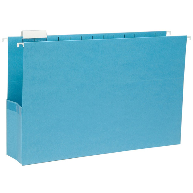 Made to hold large amounts of paperwork and other important, bulky documents, this Smead hanging file pocket with tab helps keep your filing area neatly organized. The expanding design makes it a great choice for clients with growth potential.  Half-height side gussets keep paperwork securely filed together.  Includes 1/5-cut poly tabs for easy indexing.  This sky blue hanging file pocket comes in a box of 25.  This folder is legal size with a 3in expansion and 1/5-cut adjustable tab.