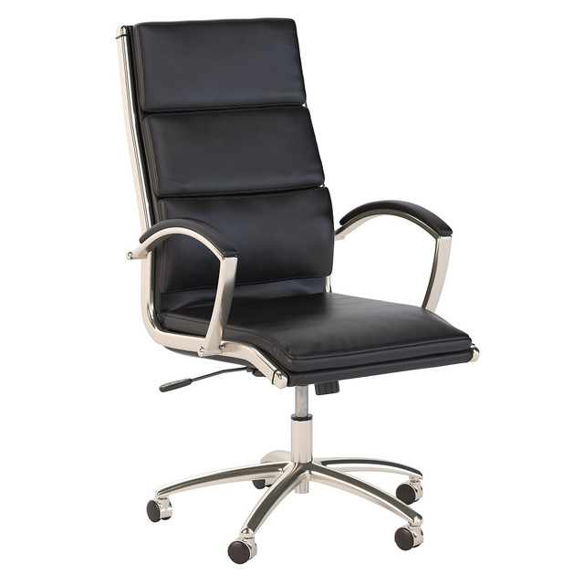 With an elegant design and a variety of color options to choose from, the Modelo High Back Leather Executive Office Chair is the ideal seating solution to reflect your personal sense of style. An attractive combination of leather and chrome guarantees to impress in any workplace, and the cushioned upholstery provides comfort through a full workday.  Overall Dimensions: 24inW x 26 7/9inD x 43inH  Chair weight capacity tested to support 275 lb.  Elegant design with bonded leather upholstery gives the Office Chair an upscale appearance.  Tilt function with tension adjustment lets the user customize the rate and ease of recline.  High back chair limits strain on the upper back, shoulders and neck for all-day use.  Armrests are ergonomically contoured and feature soft padding for maximum comfort.  Chair rolls freely on dual-wheeled casters  360 degree swivel control gives full range of motion.  Choose from 9 unique color options to find the perfect style for your workspace.  Seat measures 20inW x 20inD and adjusts from 19-23inH  Backed by the Bush Business Furniture 5-Year Manufacturers Warranty. For additional information, please visit: www.bushbusinessfurniture.com.ReturnsExchanges  Assembly Required.  Standard Delivery Service. Furniture is delivered unassembled.  Tested to meet ANSI/BIFMA Performance Standards - Manufacturer testing has been conducted on this product to meet specific performance requirements and safety standards set forth by the American National Standards Institute (ANSI) and the Business and Institutional Furniture Manufacturers.