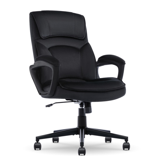Bring comfort and style to your busy workday with the Serta Comfort Classic Executive Office Chair. This office desk chair comes in charming velvet with extra lumbar support to keep you comfortable whether you're working or kicking back for a break.  MODERN LOOKS & SOFT FEEL: This ergonomic office chair features a modern silhouette with a mid-back design, molded arms and tailored piped edges for a luxurious and sophisticated style. Upholstered in soft velvet.  ERGONOMIC COMFORT: Deep body pillows with ergonomic contours and lumbar support in the backrest encourage proper posture for long hours of sitting. The double-layer seat cushion is filled with high-density foam for semi-plush comfort.  SERTA FOAM & ENDORESEMENT: All Serta chairs use quality non-toxic foams.  DURABLE BUILD: Sturdy metal base sits on 360 smooth-rolling casters with an easy to reach seat-side lever for height adjustment and tilt-lock. Casters are intended for use on carpet and are not recommended for use on tile or hardwood floors. Weight capacity tested to support 275 lb.  EASY ASSEMBLY: Simple and quick assembly with all hardware parts and tools included.  Overall Dimensions: 44-1/2inH x 27-1/2inW x 32inD.  Backed by the manufacturer's 1-year limited warranty.  Tested to meet ANSI/BIFMA Performance Standards - Manufacturer testing has been conducted on this product to meet specific performance requirements and safety standards set forth by the American National Standards Institute (ANSI) and the Business and Institutional Furniture Manufacturers.