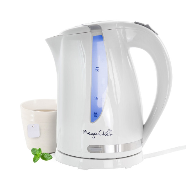 Make your favorite tea everyday with the reliable MegaChef 1.7-Liter Plastic Tea Kettle. The electric design heats up water quickly without using the stove.  Crafted from plastic.  Electric kettle design.  360 deg. cordless.