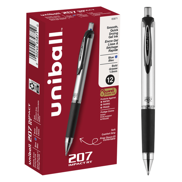 Bold point 1.0 mm retractable gel pens render distinct letters, numbers and graphics with an outstanding finish  Free-flowing gel ink delivers a smooth and pleasant writing experience, giving your notes and documents a consistent look  uni Super Ink technology entrenches the gel ink deep into the paper, preventing document alteration, water damage or fading  Innovative clip auto retracts the tip, protecting against unwanted gel ink marks and stains  A soft rubber grip provides greater writing support and comfort  Professionals first choice gel pen with a sophisticated barrel, stylish metallic accents and high-quality finish  Refillable.  Visible ink supply.  Comes in a pack of 12 blue pens with gray barrels.