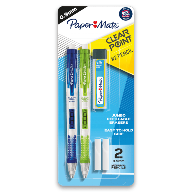 Ensure you're always ready to write with these Paper Mate ClearPoint mechanical pencils, which feature convenient side-click lead advancement. Jumbo twist erasers make it easy to clean up mistakes, while the convenient clip attaches to your pocket or bag for effortless carrying. These Paper Mate ClearPoint mechanical pencils have overmolded rubber barrels to keep them comfortably in hand while you take notes.  Overmolded rubber grip provides comfort and control  Side-click lead advance keeps tip sharp  Jumbo twist eraser makes it easy to fix mistakes  Clip enables secure carrying in your bag, pocket or briefcase  Refillable for continued use  Includes 2 pencils, 2 refill lead tubes and 2 erasers.  0.9mm tips.  Assorted barrel colors.  Refillable - designed to be used repeatedly, helping you avoid single-use disposables and potentially save money.
