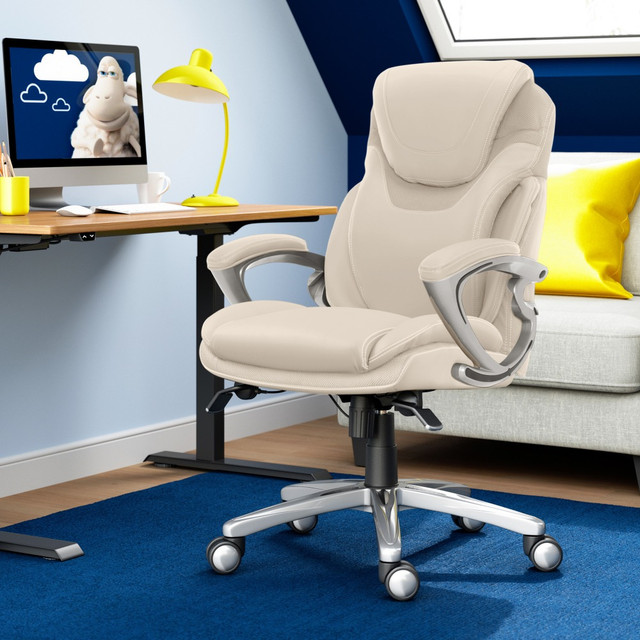 The Serta Executive Office Chair effectively responds to your movement to keep you comfortable all day long. This ergonomic office chair comes with AIR Lumbar Technology, a support feature that flexes and pivots with your body as you lean and twist to ensure proper posture. Layered body pillows and padded armrests provide a serene and tranquil seating experience. The perforated center area of the seat back adds refreshing breathability, and ergonomic seat-side levers offer convenient height and tilt adjustments. This desk chair is upholstered in soft, supple bonded leather and features contrast stitching for a stylish touch.  Innovative AIR Technology flexes and pivots for dynamic support that improves posture, keeping you alert.  Soft bonded leather upholstery in contemporary colors delivers professional style.  Height, tilt, lift, lumbar and arm adjustments allow customized positioning in all areas.                                                            Deep, layered body pillows and padded headrest for cushioned comfort  Some assembly required.  Upholstered in soft bonded leather on all seating areas.  Seat-side cable-actuated levers offer convenient height and tilt adjustments.  Ergonomic desk chair with layered body pillows and padded armrests.  Overall Dimensions: 45-3/4inH x 25-3/4inW x 30-1/4inD.  Backed by the manufacturers 1-year limited warranty.  Seat Dimensions: 23-1/4inH x 19-1/2inD x 19inW.  Seat Back Height: 28-1/2in.  Weight capacity tested to support 250 lb.