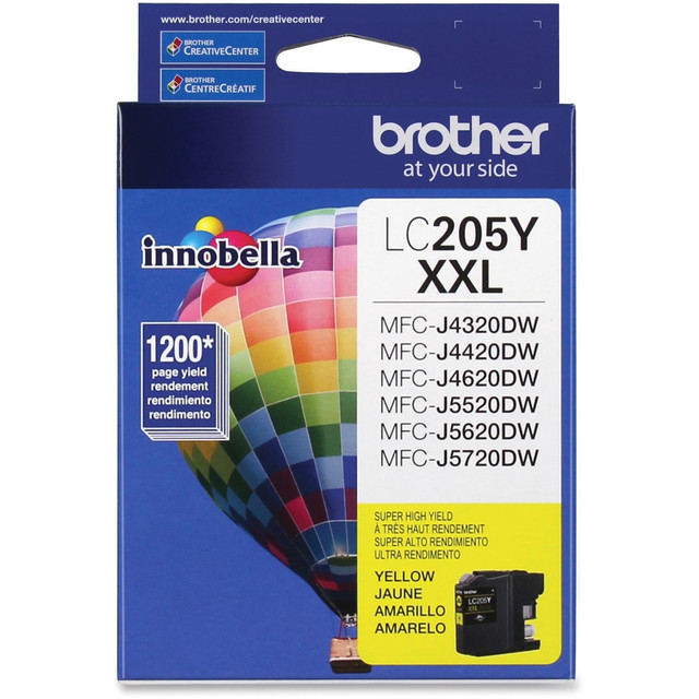 Compatible Brother models: MFC : MFC-J4320DW, MFC-J4420DW, MFC-J4620DW, MFC-J5520DW, MFC-J5620DW, MFC-J5720DW.  .    Brother offers an environmentally responsible way for customers to dispose of Brother Genuine cartridges.  Professional inkjet print quality you can consistently rely on for 1200 pages.  Intelligently engineered to work in seamless unison with your Brother printer.  Brother Genuine ink produces rich, vibrant prints that withstand the test of time.  Brother Genuine Innobella LC205Y Super High Yield Yellow Ink Cartridge.  Yields up to 1,200 pages.  Helps Avoid Waste - Designed for extended use, helping reduce or eliminate material use and potentially save money.  Recycling solution - designed to encourage recycling, helping you divert materials from landfill.