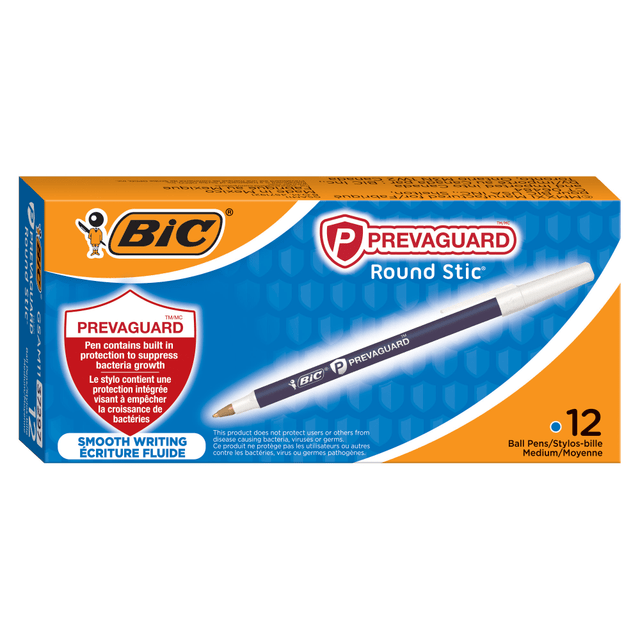 The BIC PrevaGuard Round Stic contains an antimicrobial agent incorporated into the plastic that protects the pen itself by suppressing the growth of bacteria, algae, fungi, and mildew. It features a versatile 1.0mm medium point that creates vivid lines, making it ideal for a variety of writing applications from note-taking to doodling.  Pigment ink delivers smooth, bold writing.  Medium point offers vivid, highly visible lines.  Antimicrobial agent is incorporated into the plastic of the barrel to protect the pen from the growth of bacteria, algae, fungus and mildew.  This product does not protect users or others from disease-causing bacteria, viruses, or germs.  Antimicrobial is an agent that kills microorganisms or stops their growth.