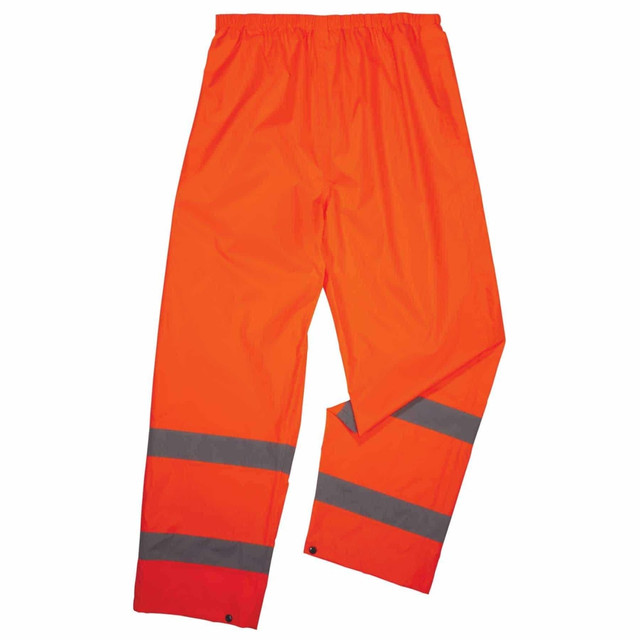 Stay dry and comfortable even if you are working in the rain thanks to the Ergodyne Glowear 8916 Class E Lightweight Hi-Vis Rain Pants. The high-visibility polyester fabric and 2in reflective tape accents combine to ensure that you remain seen in virtually any lighting conditions, and the waterproof material with taped seams keeps the weather out so you are dry.  Designed to help you stay protected from wet conditions while ensuring you stay visible.  ANSI/ISEA 107-compliant high-visibility polyester fabric and 2in reflective tape accents increase visibility in the daytime and in low-light conditions.  150D polyester oxford material with a polyurethane coating allows comfort and long-lasting durability.  Elastic waistband can be loosened to fit over a base layer.  Cuffs can fit easily over boots and then snap closed to keep out the wind.  Fully taped and bonded seams offer reliable protection during adverse weather.  Waterproof design keeps weather out.  Machine wash.