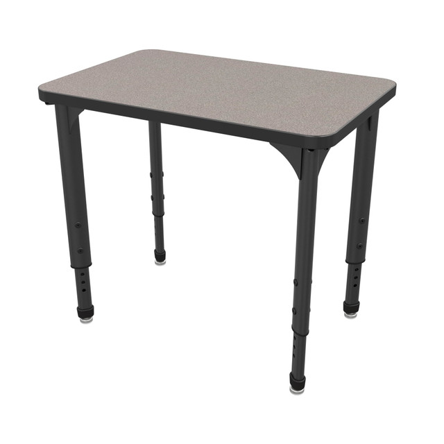 Switching between group work and individual activities can help kids learn in the style that suits them best. This student desk provides enough space for collaborative efforts while remaining compact enough to maximize classroom space.  Sturdy 12-gauge steel plate frame has a powder-coat finish to help protect against the wear and tear of daily use.  Tabletop is made of 1 1/8in particleboard with thermofused melamine on the top and bottom to provide increased strength. 3 mm PVC edgeband shields against impacts and minor damage.  12-gauge steel legs adjust from 21in to 30in in 1in intervals to suit your needs.  Nickel-plated nylon swivels help safeguard your flooring while adding an attractive accent.  Assembly required.  Tested to meet ANSI/BIFMA Performance Standards - Manufacturer testing has been conducted on this product to meet specific performance requirements and safety standards set forth by the American National Standards Institute (ANSI) and the Business and Institutional Furniture Manufacturers.