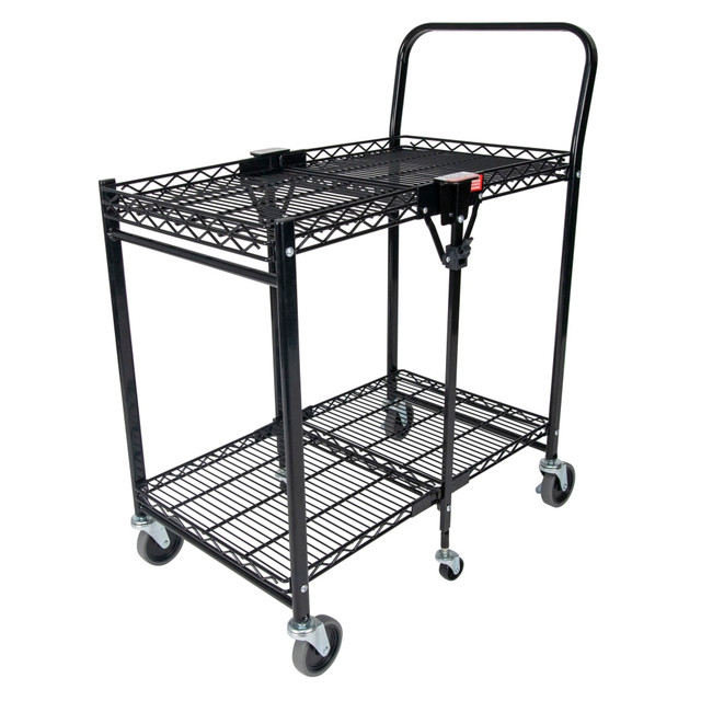 Storage space and location is the number one user issue with current cart designs. Our Bostitch Stowaway Folding Carts have a patented folding design that stores away in 4x less space! An optional wall mount bracket allows for easy storage behind a door or in an open space. It folds and unfolds in a fraction of a second with secure safety locks for the strongest durability. Dual shelves provide 800+ square inches of storage space and can hold up to a massive 400 pounds of storage capacity.  Ideal for use in retail stores, offices, garages, hospitals and more  Patented folding design stores out of the way in 4X less  Folds/unfolds in seconds with secure safety locks  Easily stores behind a door or in open areas  Massive 400-lb storage capacity, 200lbs per shelf  Durable finish for easy cleaning and lifetime durability  6 swivel non-marring caster wheels (two locking) for skid-free maneuverability  Tough, chrome-plated construction for ultimate durability  Dual shelves provide 800+ square inches of storage space