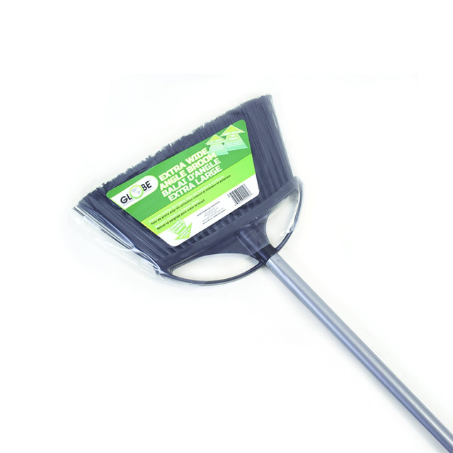 Use the Globe Commercial Products Angle Broom for professional use. It has a durable steel handle for lasting use. The split tip plastic fibers remove dirt and dust effectively.  Durable steel handle.  Split tip plastic fibers remove dirt and dust effectively.  Hang-up cap adds convenience.  Can remove from handle and use one handed like a whisk.  Black bristles.