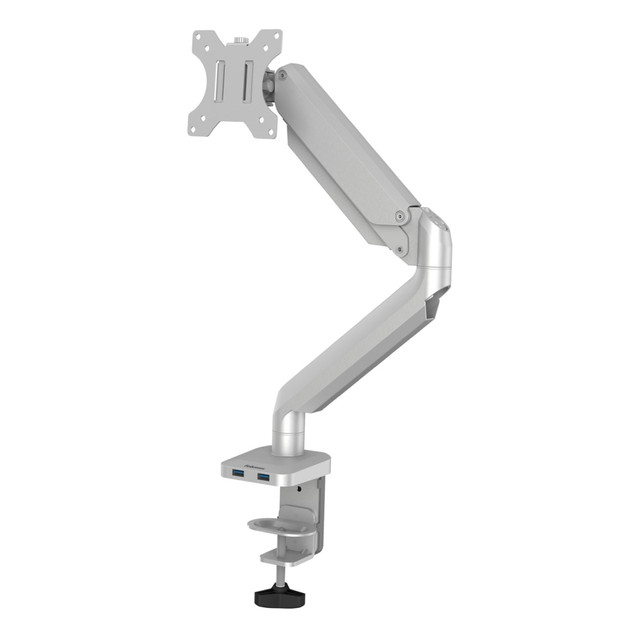 The Platinum Series Single Monitor Arm from Fellowes elevates your view to help relieve neck and eye strain while optimizing desk space. Fully independent arm holds up to 17.6 lbs. or 32in monitors and easily install using the Quick Fit VESA plate.  SUPPORTS: Supports single monitors up to 32in and 17.6 lbs each, perfect for home, office, or gaming setups  GAS SPRING TECHNOLOGY: Fully independent adjustable arms with gas spring technology offer 19.75in reach for increased workspace flexibility and ergonomic comfort  EASY INSTALLATION: Quick-Fit VESA plate ensures easy installation on tables or desks using either a clamp or grommet  USB PORTS: Integrated USB ports at the base provide convenient charging for your devices while you work  FULL MOTION: Full motion adjustability with 360 deg. rotation and +/-45 deg. tilt, plus integrated cable management, keeps your workspace tidy and optimized  WARRANTY: Extended 5 Year Limited Warranty