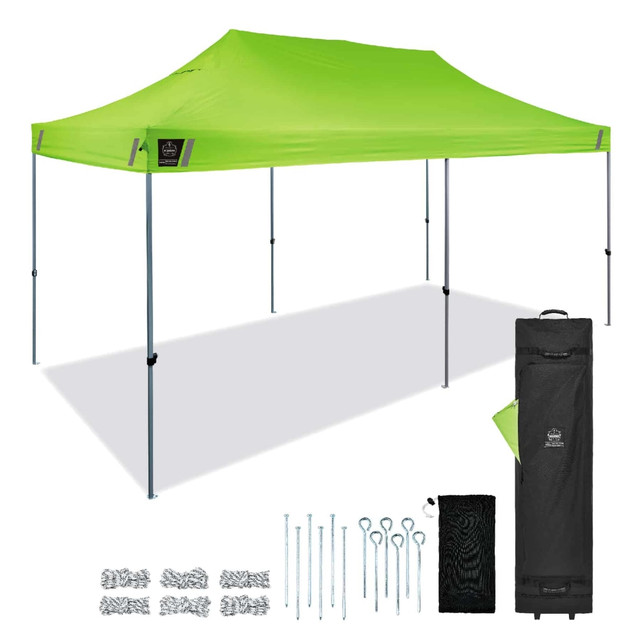 Set up this Ergodyne SHAX 6015 Pop-Up Tent for your next gathering or event to provide shady relief. The durable canopy is built to withstand rain and offers protection from the suns UV rays, and the steel legs can be adjusted in height to accommodate your needs.  Powder-coat steel frame provides rugged support and is built to withstand the elements.  ABS plastic sliders on the legs allow 3 height adjustments from 10ft to 14ft.  300-denier polyester canopy features waterproofing and UV treatments to help shield you and your guests.  Double-vented top allows excess heat to escape.  Heavy-duty ground stakes and ropes help secure the tent.  Large storage bag is equipped with wheels for simple transport.  Meets CPAI-84 flame resistance code.  Comes with a tent, a storage bag, 6 ground stakes and 6 ropes.  Backed by the manufacturers lifetime limited warranty.  This product is heavy and/or oversized and may need more than one person to handle.