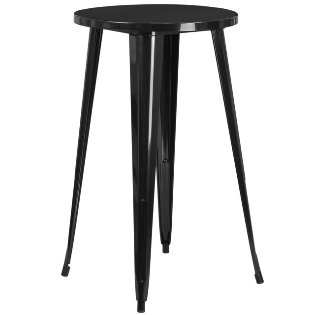 Create a unique dining experience in your dining room, kitchen or restaurant with colorful metal bar tables.  Metal Cafe Bar Table  Top Size: 24in Round  Base Size: 21.25inW  Smooth Top with 1.25in Thick Edge  Powder Coated Frame Finish  Brace underneath top provides extra stability  Protective Rubber Floor Glides  Designed for Indoor and Outdoor Use  Designed for Commercial and Residential Use