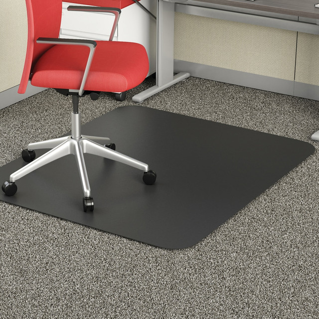 Designed for low-pile carpet, this rectangular chairmat protects flooring from caster wear, spills and heavy traffic. Chairmat also covers worn, damaged or stained flooring. Studded backing grips the carpet for secure hold. Straight edge allows smooth on-and-off chair movement.  Polycarbonate construction.  Easy-glide surface provides effortless mobility.  Free and Clear formula.  WonT dish under chair casters.  Opaque mat covers worn, damaged or stained flooring.  Occasional use on commercial pile carpet.  Easy-glide rolling surface provides effortless chair movement.  Straight edge.  Free and Clear formula offers exceptional clarity without harsh chemicals.  Greenguard Gold Certified for low chemical emmissions for healthier indoor air.  Manufacturers limited lifetime product replacement warranty  Contains Recycled Content - See Specs for Details.