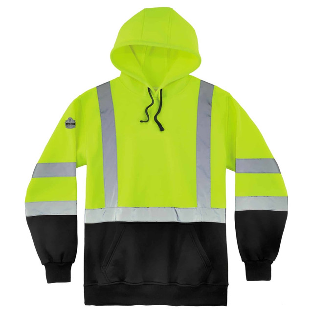 Work and play in chilly weather while wearing this Ergodyne GloWear hoodie. Designed to ensure you are easily seen in low-visibility conditions, this hoodie helps you stay warm and comfortable in the elements.  Ideal for jobsites and recreational activities where high-visibility attire is needed.  Made with polar fleece and a 100% Oxford polyester lining.  Elastic-knit waistband and cuffs help seal in body heat.  Pouch pocket is great for stashing small items and keeping your hands warm.  Drawstring hood provides additional coverage.  Reflective material helps ensure you are easily seen by others.  Meets ANSI/ISEA 107-2015 Type R Class 3 standards.