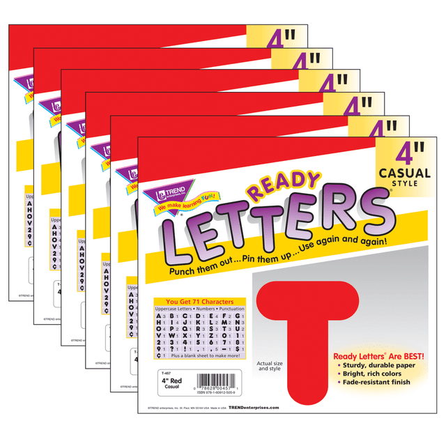 Lively letters, limitless possibilities! Convenient, reusable, and easy to use.  Great for student work displays, bulletin boards, signs, banners, news boards, learning activities, labeling, and much more!  Fade-resistant colors coordinate with TREND products.  Durable.  Each pack includes 50 uppercase letters, 10 numerals (0 to 9), 11 punctuation marks and a blank sheet.