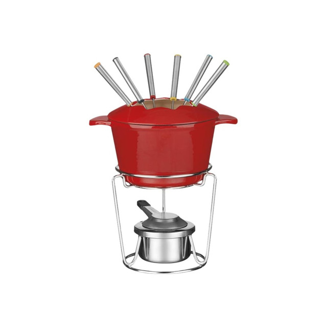 Serve your guests delicious fondue with the Cuisinart Cookware 13-Piece Cast Iron Fondue Set. Whether you make chocolate or cheese fondue, the enameled cast iron construction will offer even heating to keep it warm.  Enameled cast iron construction offers long-lasting use and even heating.  Includes 6 fondue forks, a lid, fondue pot, stand, snuffer, control, liquid fuel dish and holder for versatile serving.  Induction ready.  Use with alcohol, chafing gel or a standard 2.6 oz cooking fuel container.  Backed by the manufacturer's lifetime warranty.