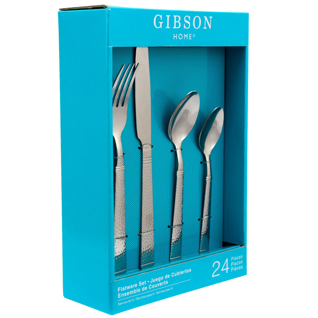 Hold an elegant dinner party at your home using the Gibson Home Prato 24-Piece Flatware Set. Each piece is made from stainless steel with a beautiful tumbled finish to brighten up your table.  Includes 6 dinner knives, 6 dinner forks, 6 dinner spoons and 6 teaspoons.  Made from stainless steel.  Tumble finish.  Dishwasher safe.