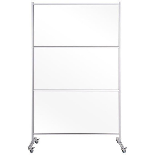 Glass panel divider features a large, self-standing design to offer a simple way to help your employees and guests practice social distancing and protect them in public spaces. Transparent glass surface acts as a protective shield and can be written on with dry-erase markers to display notes. Panel divider is integrated in a sturdy aluminum structure and has easy glide casters for full mobility. Plus, its easy to clean, sanitize and disinfect for quick cleanings as needed.    This product is heavy and/or oversized and may need more than one person to handle.