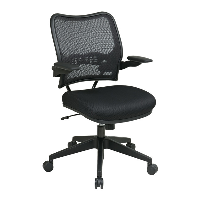 Stay comfortable and productive during the workday while seated in the Office Star Deluxe AirGrid Mesh Mid-Back Chair. This modern desk chair has both lumbar support and a waterfall seat to help reduce pressure and muscle strain on your lower back and legs. Tilt and seat height adjustments allow you to personalize your seat fully.  Overall Dimensions: 42inH x 26-1/4inW x 24inD.  Weight capacity tested to support 275 lb.  Recommended for performance use 6-8 hours a day.  Mid-back office chair.  Thick padded seat.  Lumbar support.  AirGrid mesh-back office chair.  Waterfall seat.  Pneumatic seat height adjustments.  Tilt adjustments.  Dual function control.  Cantilever arms with padding.  360 deg. swivel.  Heavy-duty angled nylon base with oversize dual wheel carpet casters.  Assembly required.  Backed by the manufacturer's 1-year limited warranty.