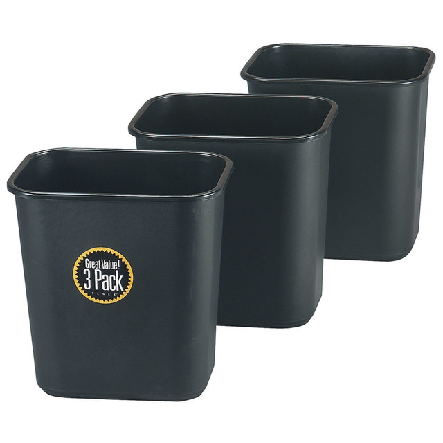 Outfit the office with Rubbermaid Trash Cans that can handle coffee breaks and luncheons. These plastic trash cans are rustproof, shatter-resistant and easy on your floors for a welcome addition to most break rooms and meeting spaces.  Crafted from rustproof, shatter-resistant polypropylene.  Rolled rims add strength.  Gentle on most floors.  Backed by the manufacturers 1-year limited warranty.  7-gallon trash can is finished in black.