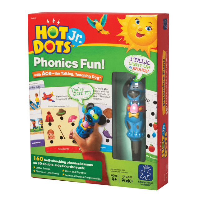 With 2-sided cards and a Hot Dots Power Pen, this set offers interactive, educational fun  Reinforces phonics concepts, so students can engage in interactive, self-directed learning.  80 colorful, 2-sided cards provide 160 different lessons, including the sound alphabet, long and short vowels and digraphs and blends, to form basic skills.  Hot Dots Power Pen supports self-checking responses with hot and cold dots on each lesson.  Includes a durable case for easy transport.  Great for students from pre-K to grade 2.