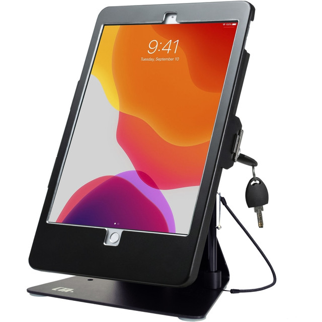 Compatible with iPad 10.2in 7th Gen, iPad Air 3 & iPad Pro 10.5; compatible with headphone jack credit card readers  EASY INSTALLATION - This stand mounts easily to your countertop, desk, or table with a set of included hardware  CLEVER CASE DESIGN - Strategic design allows access to your tablets home button, charger, headphone jack, volume buttons, and cameras  ROTATE YOUR DISPLAY - Case rotates 360 degrees for easy portrait and landscape orientations  STYLUS AND TETHER - Includes touchscreen stylus and elastic tether, plus built in holder on stand base  TOP TIER SECURITY - Locking aluminum enclosure protects tablet from theft