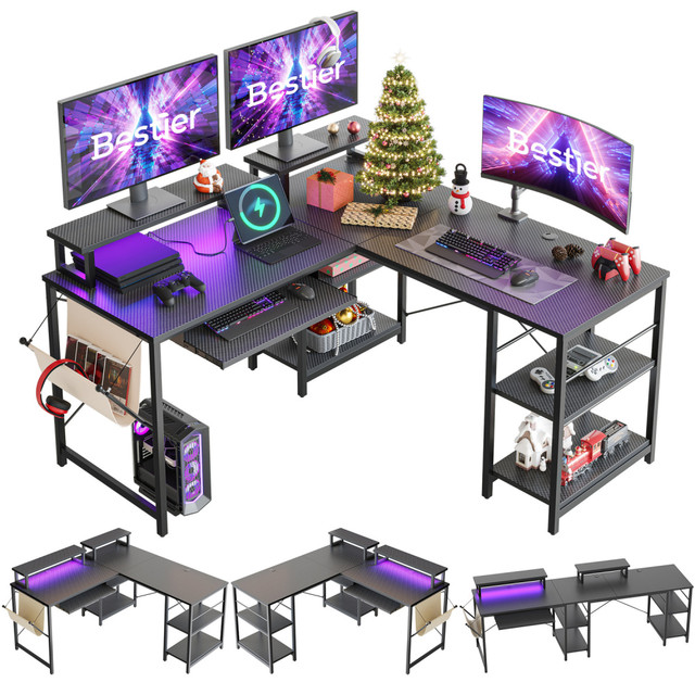 Bestier L Shaped Desk with Shelves 95.2 Inch Reversible Corner Computer Desk or 2 Person Long Table for Home Office Large Gaming Writing Storage Workstation P2 Board with 3 Cable Holes  LED L Desk: The RGB light reflects 7 main colors and 20 dynamic modes under the operation of controller, creating an immersive gaming experience. The light strip can be mounted on either of 2 monitor stands  Dual Monitor Stand Desk: 2 individual monitor stands on the desktop for an ergonomic sight on screen and computer, helping to reduce neck and back pain. Equipped with 8 extra pads under the stands for more stability  Desk with Keyboard Tray and Bag: The tray is 23.6inL x 11.8inW, suitable for most keyboards. There are 2 steel slides on 2 sides under the desk, smooth enough to push and pull out. The bag is adjusted between 0-45 degrees by wrapping the rope around the iron rod. The max load capacity is 5.5 lbs  2 Different Configurations: Chosen it to be a 59.5in l shaped desk or a 95.2in double long desk, its up to you. The l option makes full use of corner space and the long option is very suitable for 2 person working together  Flexible Storage Shelves: The shelves under desk can be installed at Right + Middle or Left + Middle when becoming an l-shaped desk; also can be Right + Middle when a long desk  Features monitor stands, a side pocket and a keyboard tray.  This product is heavy and/or oversized and may need more than one person to handle.  Contains Recycled Content - See Specs for Details.