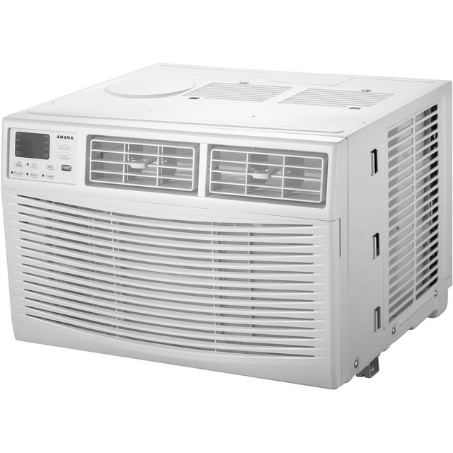 When the temperature gets unbearable, set up this window-mounted air conditioner in your space. The unit comes with a remote that lets you quickly adjust the temperature or speed setting with the push of a button, and the programmable timer allows you to choose when the unit will turn on and off.  Made of metal and plastic for strength over time.  Easily installs into your window to save floor space.  3 speed settings enable versatile use depending on the conditions.  Eco mode and Sleep mode offer unique operation options.  Programmable timer lets you customize the unit to your schedule.  Air filter is removable and can be washed for simple cleaning.  Built-in dehumidifier helps keep moisture out of your air.  Digital display makes the current temperature setting easy to view.  Comes with a remote control for convenient adjustments.  UL listed for safety.  Backed by the manufacturers 1-year limited warranty.  Provides cool air to cover a room up to 550 sq. ft.  Eco-conscious choice - has one or more meaningful eco-attributes or eco-labels.  This product is heavy and/or oversized and may need more than one person to handle.  Energy efficient - designed to use less energy than alternative products, potentially helping you save money and reduce your carbon footprint.