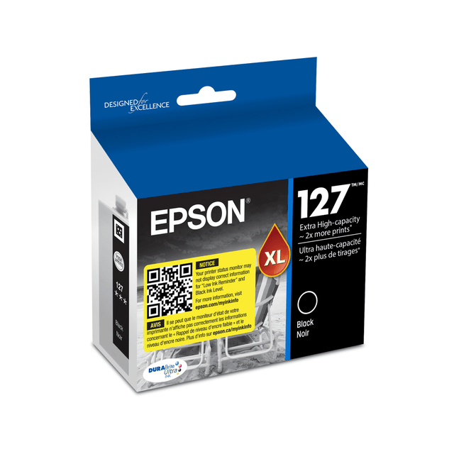Compatible Epson models: Stylus:  NX530,  NX625.   WorkForce:  60,  545,  630,  633,  635,  645,  840,  845,  WF-3520,  WF-3530,  WF-3540,  WF-7010,  WF-7510,  WF-7520.  .  127 Ink  Extra-high capacity - perfect for high-volume printing  For use in WorkForce 845, WF-3520, WF-3540  Also works in Stylus NX530, NX625 and more  DURABrite Ultra inks for superior image quality  Compatible with Epson WorkForce 60  DuraBrite ink is built to last a long time - resists fading and provides bold colors that are vivid and photo-realistic.  Smudge-, fade- and water-resistant prints look brilliant on both plain and glossy photo papers. And resists light for up to 80 years!  Excellent for double-sided printing because inks donT bleed through.  Helps Avoid Waste - Designed for extended use, helping reduce or eliminate material use and potentially save money.  Recycling solution - designed to encourage recycling, helping you divert materials from landfill.
