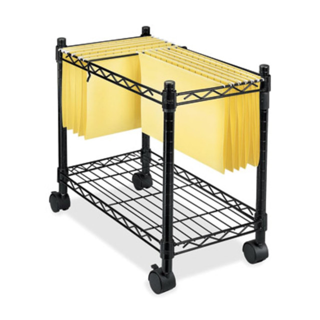 High-capacity file cart with adjustable divider system accommodates both letter-size and legal-size hanging folders at the same time.  Bottom shelf offers extra storage.  Four twin-wheel casters (two locking) allow the file cart to roll under your desk or credenza when not in use.  Sturdy steel design assembles without tools.