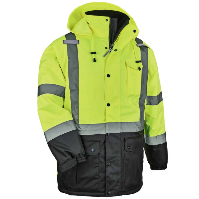 Before heading out into the cold, pull on this Ergodyne GloWear thermal parka. The quilted thermal insulation and fleece lining help trap your body heat, while the weatherproof outer shell shields out the elements and wind. Multiple pockets allow you to stay organized and keep essentials within reach.  Helps keep you warm and visible while on the job.  Weatherproof outer shell is made of 300D Oxford polyester and a PU coating for lasting strength.  160 gm quilted thermal insulation and a fleece lining help trap body heat to keep you warm.  Inset drawstring hood with stoppers helps block out the wind and elements.  Keep out the wind and cold by cinching the internal waist cord.  Stash important items in the 2 external front pockets and secure them with the snap flaps.  Keep your cell phone at the ready in the chest pocket.  Dual-slot pen pocket on the arm.  Clip your radio to the jacket with the dual mic tabs.  #8 zippered closure features a storm flap with snap covers.  Outfitted with black panels to hide dirt and wear.  Remain visible in low-light conditions with the 2in ANSI-compliant reflective material.