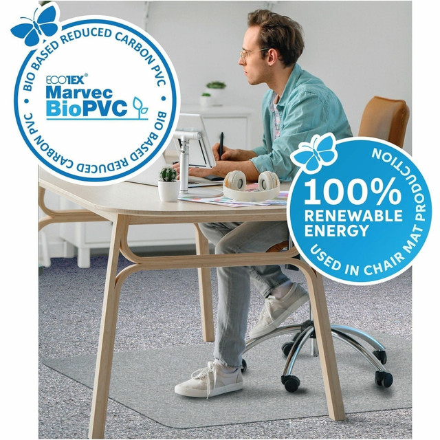 Ecotex Marvec BioPVC Chairmat provides quality, function and durability combined with eco-friendly material and manufacturing. Produced using a "Mass Balancing bio-circular" process with both the resin and chairmat manufacture ISCC certified, it provides an ergonomic easy-glide surface for caster-based chairs, reducing leg fatigue and lower back strain. Mat is guaranteed not to crack, chip or shatter under normal use and correct application. It is also free of DIDP Phthalates, tin, lead and cadmium for peace-of-mind. Mat is made in the UK using 100 percent Renewable Energy, including solar and wind power. The resin manufacture is climate neutral with a 100 percent reduction in carbon emissions and contains 25 percent nonfossil-based bio-circular material for a dramatically reduced impact on the environment. 100 percent recyclable mat is produced with an overall 20 percent reduction in carbon footprint.