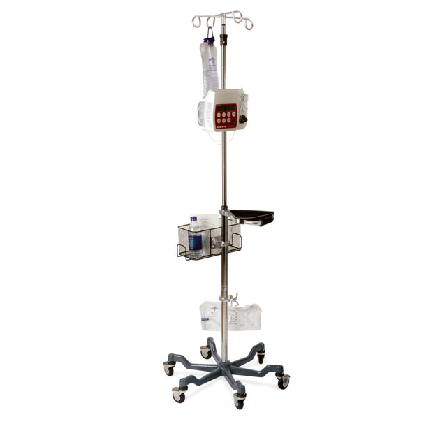 Made for heavy-duty applications, this IV pole has an extra-stable base that stays upright, even under extreme use. The telescoping design can be adjusted to accommodate almost any user.  Super-stable base can be used with triple-channel pumps and other heavy-duty tasks.  Pole is made of stainless steel and can adjust from 73in to 99 1/2in for use in almost any area.  6-leg base is made of cast iron for extra weight and steady use.