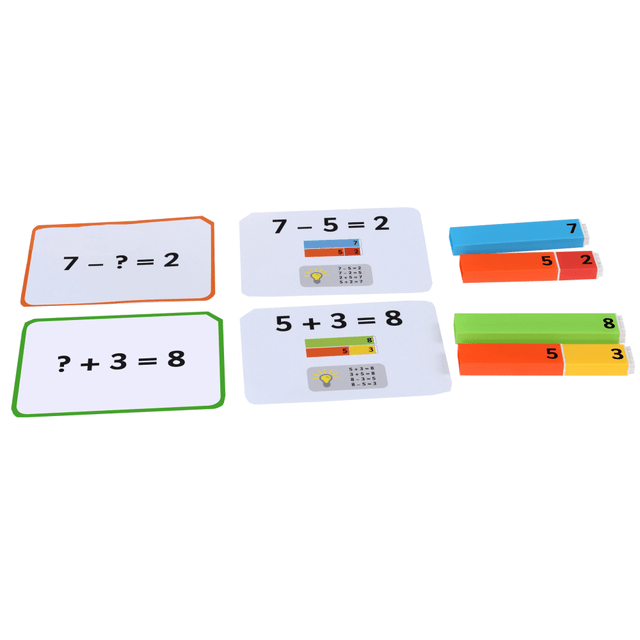 This set of A5 (5.8in x 8.3in) cards is perfect for learning addition and subtraction with numbers 1-20. Each card features a question on the front and the solution, complete with images of connecting number rods, on the back. Designed for use with the 64-piece Connecting Number Rods set (sold separately), this collection makes math interactive and fun.  Includes 20 cards with questions on one side and answers on the reverse  Cards are color-coded for easy organization  Contains 10 addition and 10 subtraction questions for numbers up to 20  Designed to be paired with Connecting Number Rods for hands-on learning