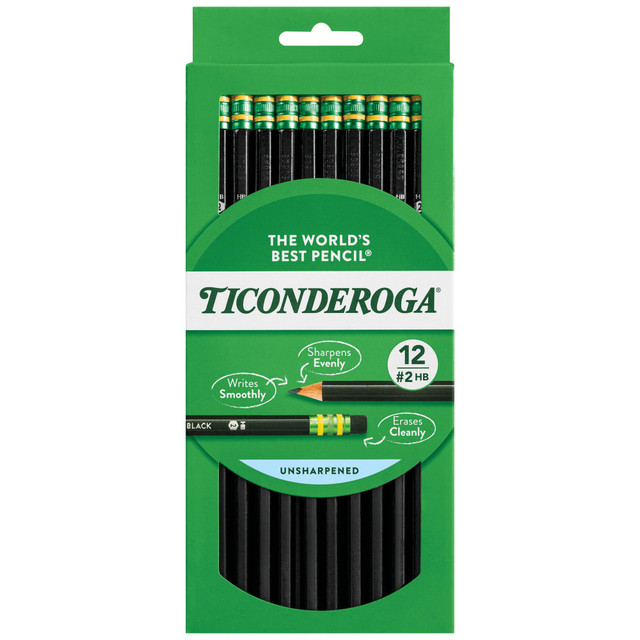 Americas favorite pencil since way back when, the classic no. 2 HB Ticonderoga pencil looks good on your desk and writes beautifully too, producing a strong, smooth line without effort.  Extra smooth on the page thanks to a strong no. 2 graphite core.  Crafted from reforested quality cedar wood, Ticonderoga pencils are long-lasting, hard-wearing and easy to sharpen.  Topped with a premium-quality latex-free eraser for quick, smearless corrections.  Built-in Microban antimicrobial protection provides an added level of cleanliness by inhibiting the uncontrolled growth of microbes.  Use these Ticonderogas to make sure that you are always prepared to jot down phone numbers and other quick reminders.  Black Ticonderoga pencils add a contemporary touch to your desk. Dixon Ticonderoga pencils with black barrels offer a distinctive look thats sure to stand out.  Certified PMA nontoxic.  ACMI Certified AP Nontoxic. For detailed information see www.acmiart.org.  Less harsh chemicals - made with fewer harsh chemicals, or safer chemicals than typical alternatives, helping  reduce your use of and exposure to substances that may be more harmful to your health and the environment.