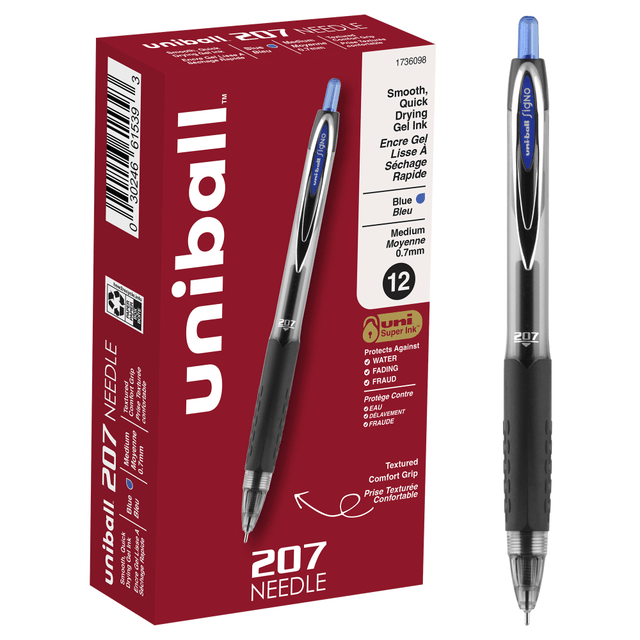 Help keep your workplace safe with fraud prevention gel pens featuring Super Ink which helps protect against document alteration. The pens deliver archival-quality ink that becomes trapped in paper and assists in preventing check washing.  Super Ink is specially formulated to become trapped in paper, helping to prevent criminal check washing and other document alteration.  Fade- and water-resistant ink with archival quality delivers bright, vibrant color payoff.  Textured grip provides comfort as you write.  Visible ink supply makes it easy to monitor the level of remaining ink.  Comes in a pack of 12 blue pens with translucent black barrels.  Features a needle-point, 0.7 mm tip.  Refillable - designed to be used repeatedly, helping you avoid single-use disposables and potentially save money.