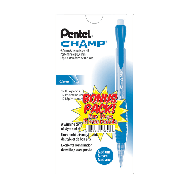 With a winning combination of comfort and affordability, this Champ mechanical pencil is a great addition to your everyday office or school supplies. The comfortable grip helps keep your hand relaxed as you work.  Preloaded with Pentel Super Hi-Polymer HB lead to produce a clear dark line.  Blue barrel pencil has an extra-soft, ribbed, latex-free grip for less writing fatigue.  24-pack of mechanical pencils helps ensure that you always have a spare on hand.  Refillable barrel.  This is a special bonus pack. 18 pack comes with 6 free pencils for a total of 24 pencils.  Refillable - designed to be used repeatedly, helping you avoid single-use disposables and potentially save money.