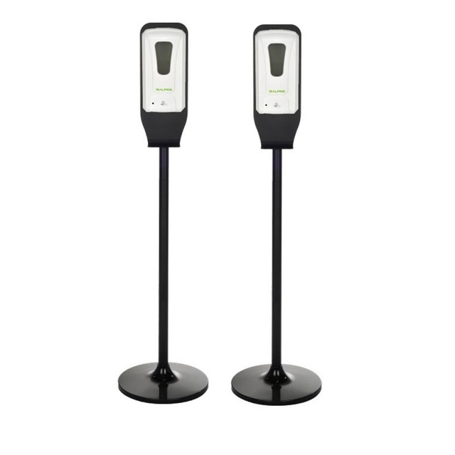Keep your restrooms fully stocked with these Alpine Industries 1200 mL Wall Mount Automatic Foam Hand Sanitizer Soap Dispensers With Floor Stands. The locking design helps to prevent tampering and vandalism.  Durable ABS plastic construction is resistant to chemicals, heat and impact.  Compatible with foam soap and hand sanitizer.  Boasts a 1200 mL capacity.  Site window allows you to monitor soap levels.  Attached drip tray catches any excess sanitizer.  Lock helps to prevent theft and vandalism. Includes a key.  Quiet dispensing.  Includes a floor stand for versatile placement.  Requires 4 C Alkaline batteries (not included).  Save time - no assembly required.  Backed by the manufacturers 1-year limited warranty.